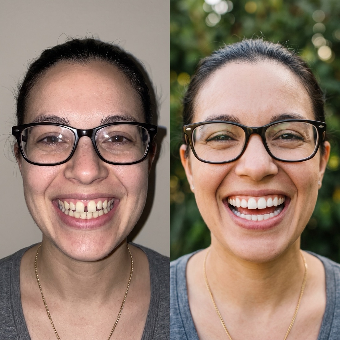 Antes e depois: fechamento do espaço entre os dentes com alinhadores